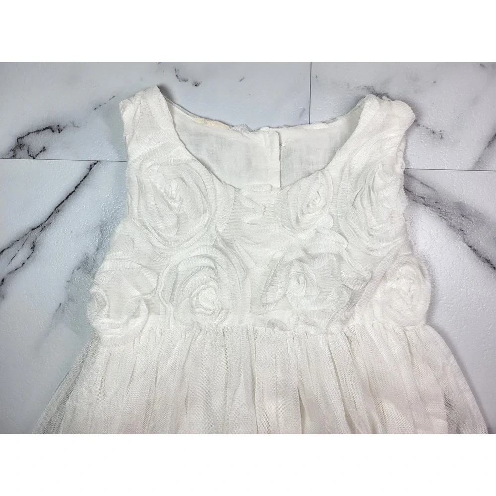 White Petal Mesh Puff Layered Dress Rosette Tulle Crochet Lace Trim Wedding